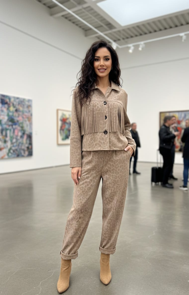 Conjunto de Chaqueta con Flecos y Pantalón Estampado -