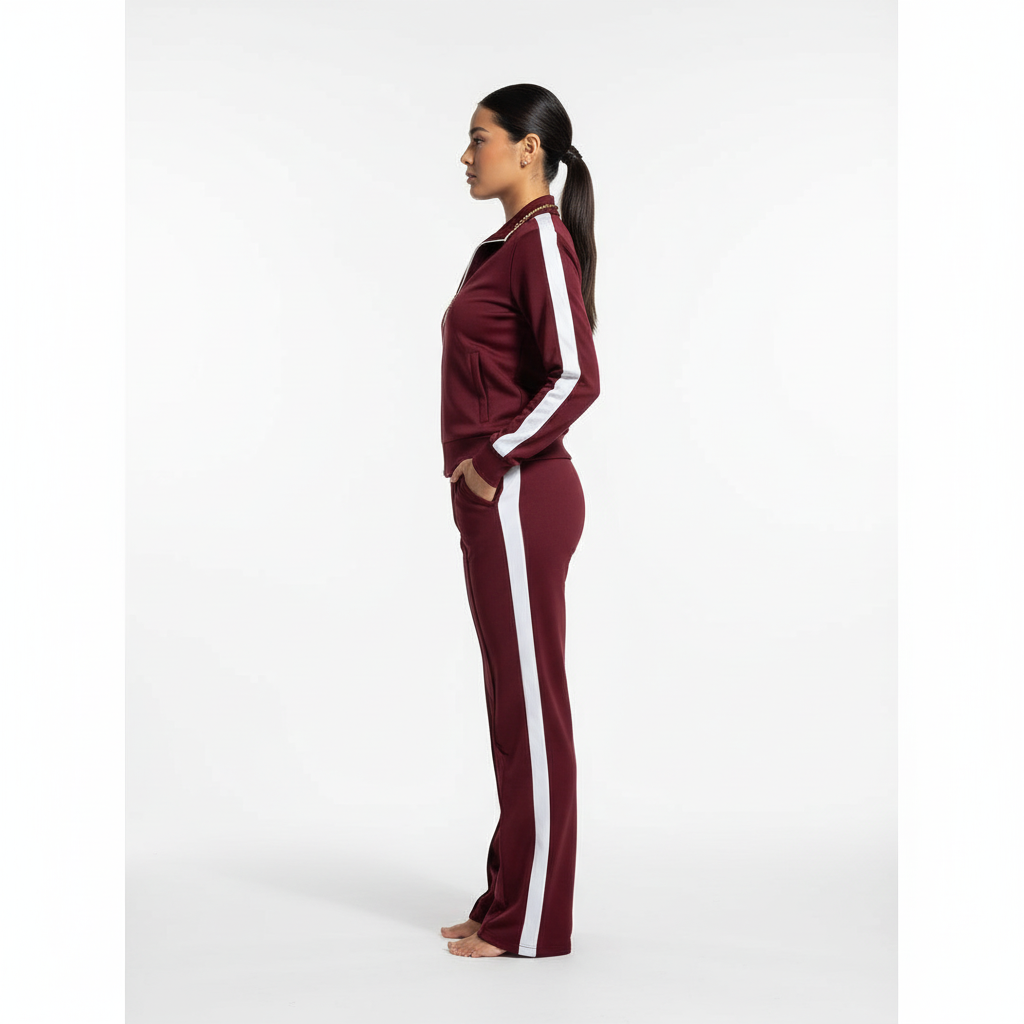 Chándal burdeos raya blanca vista lateral