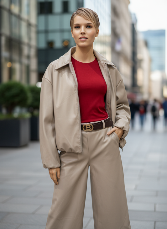 Vista frontal beige en uso