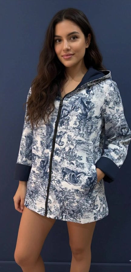 Chaqueta Mujer con Capucha - Estampado Paisley Azul y Blanco