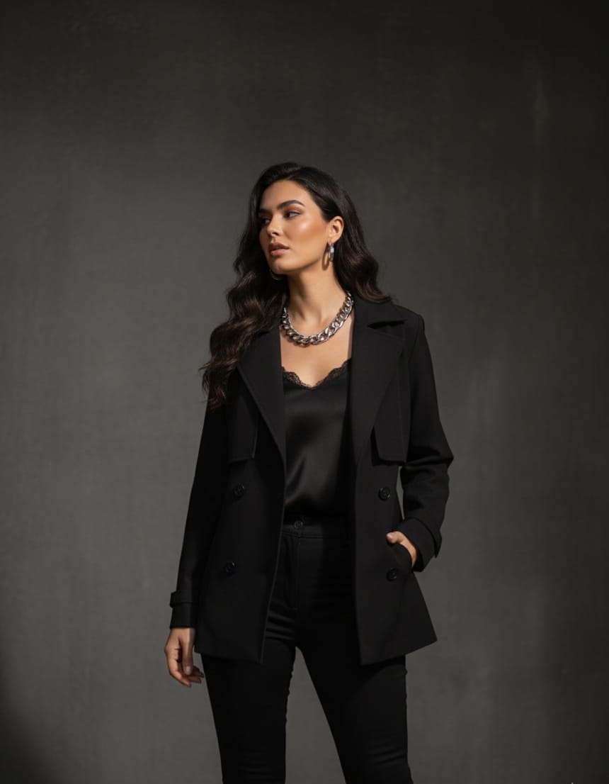 Chaqueta Trench Coat Negra Elegante - Doble Botonadura Profesional