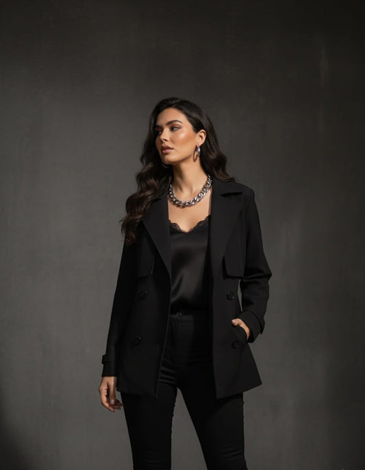 Chaqueta Trench Coat Negra Elegante - Doble Botonadura Profesional