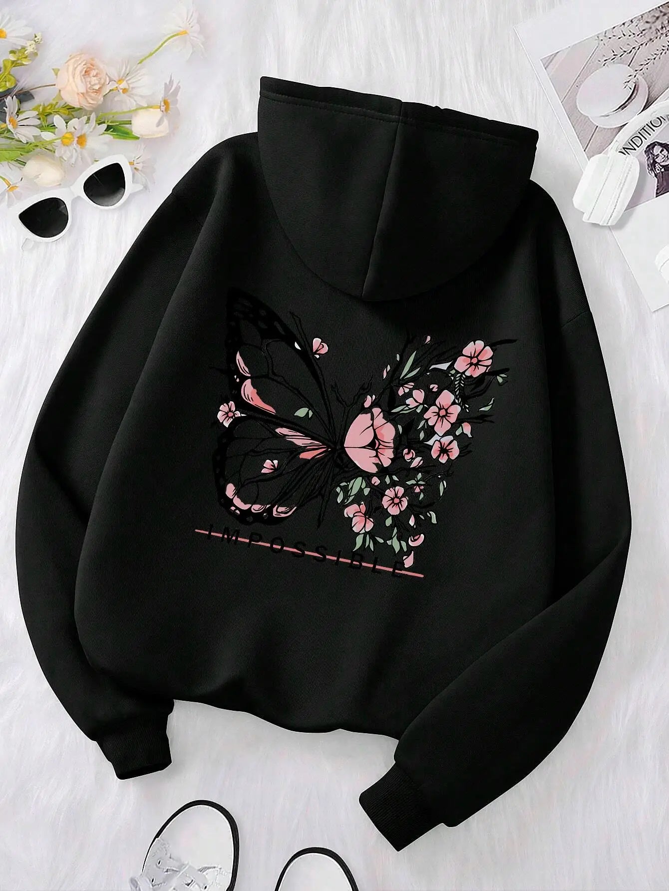 Sudadera con Capucha Mujer - Estampado Mariposa Rosa y Letras