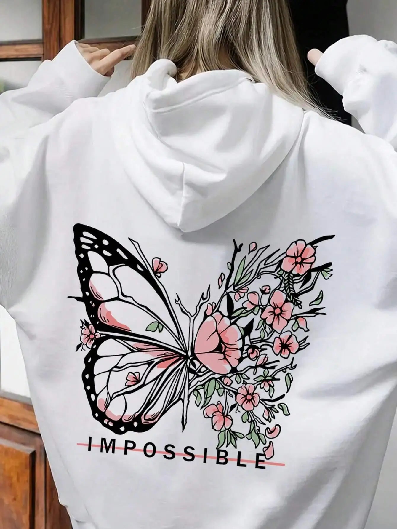 Sudadera con Capucha Mujer - Estampado Mariposa Rosa y Letras