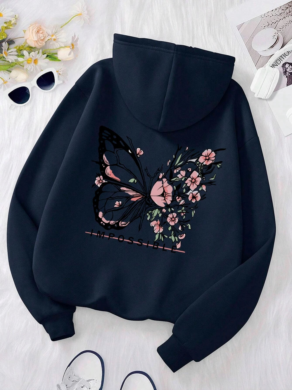 Sudadera con Capucha Mujer - Estampado Mariposa Rosa y Letras