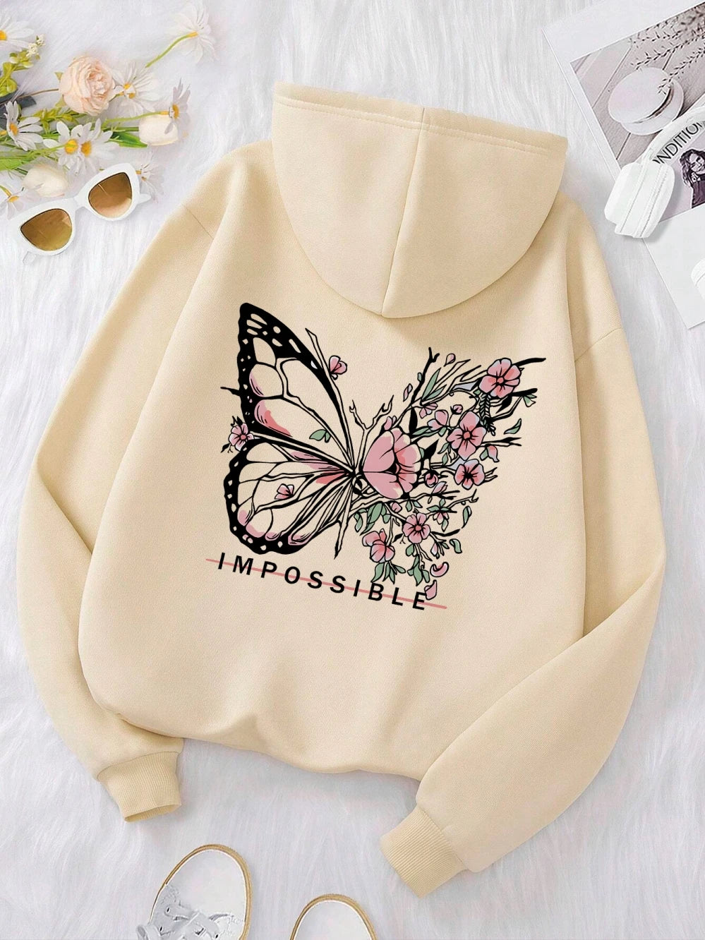 Sudadera con Capucha Mujer - Estampado Mariposa Rosa y Letras