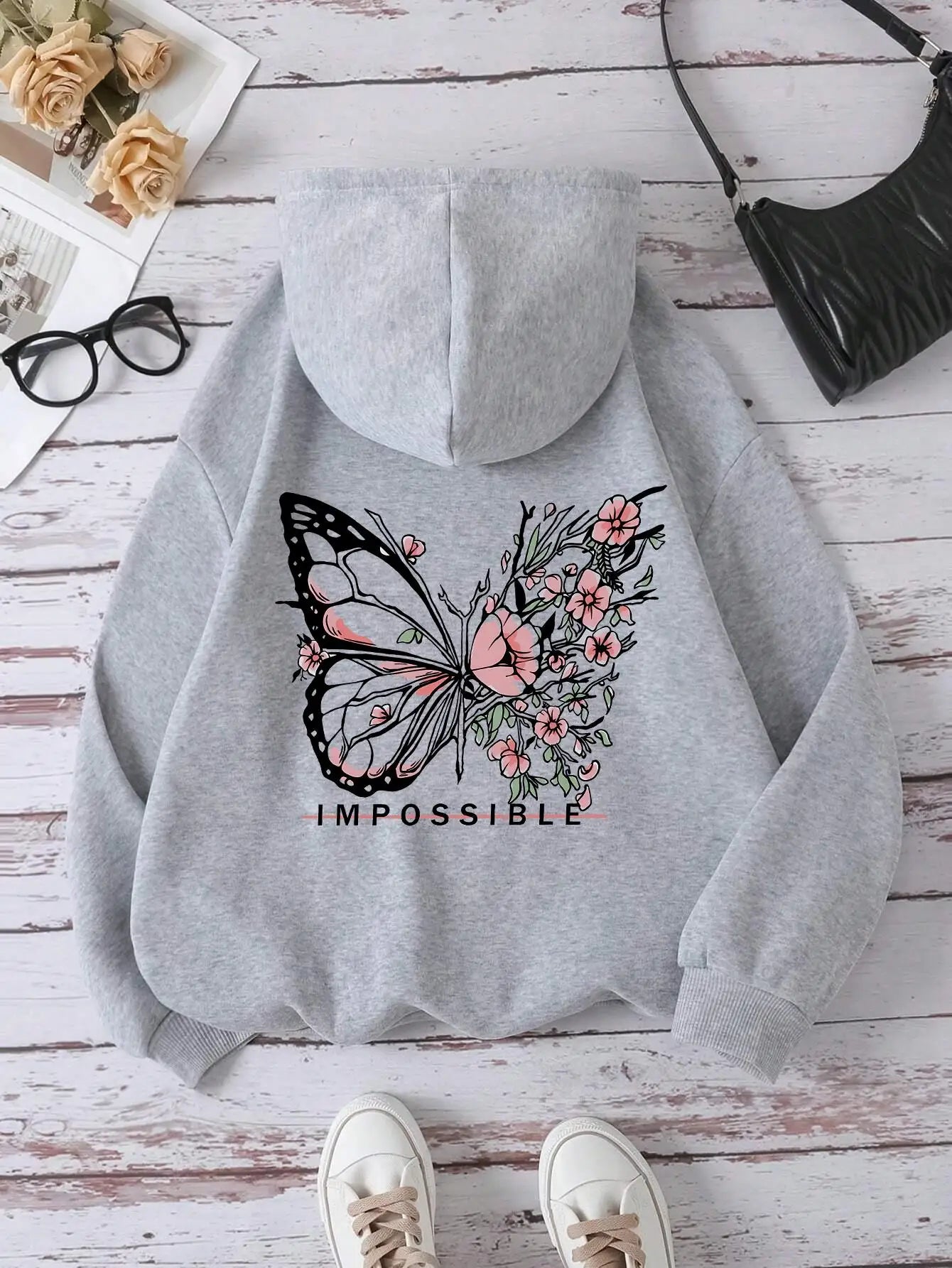 Sudadera con Capucha Mujer - Estampado Mariposa Rosa y Letras