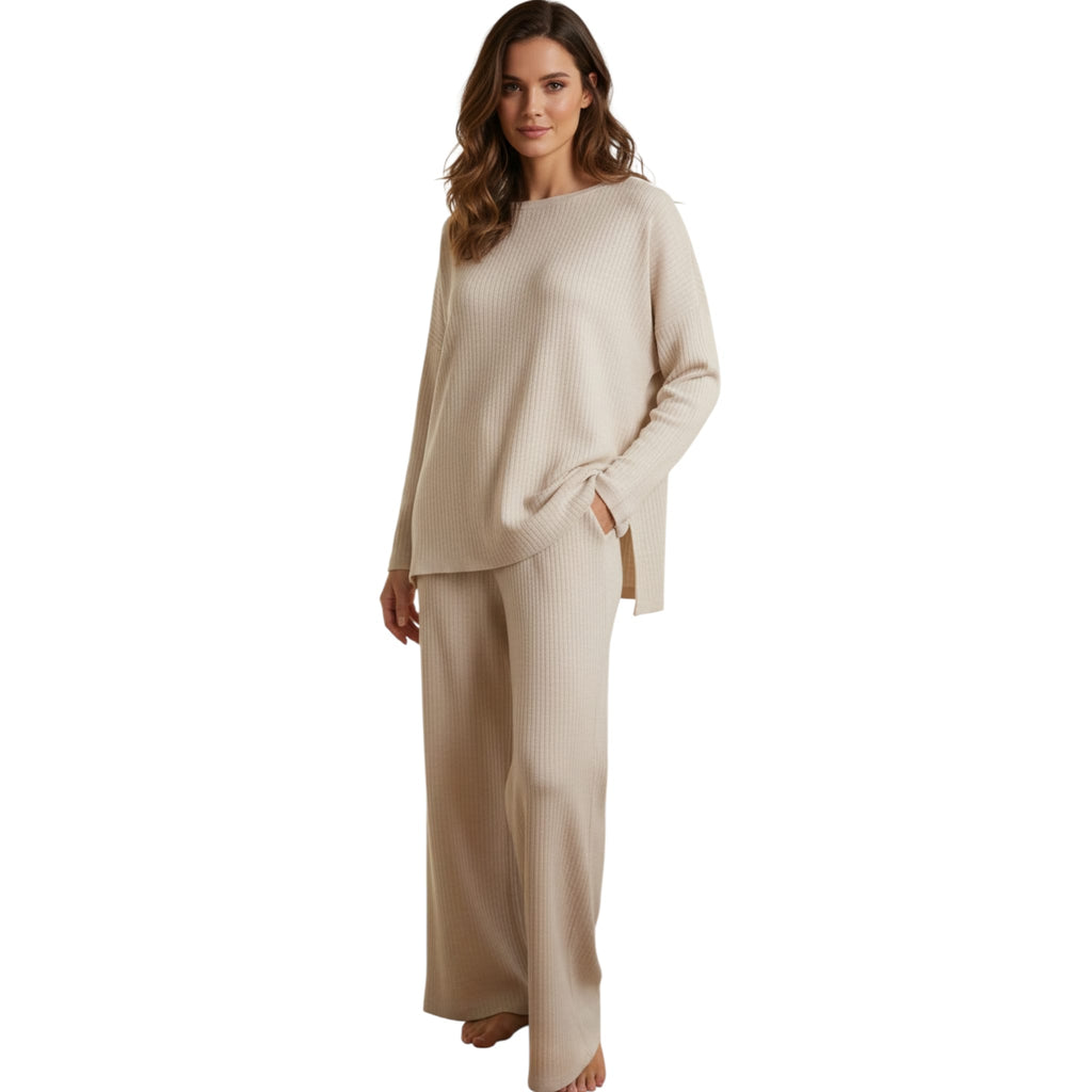 Conjunto Punto Beige - Sudadera y Pantalón Canalé Suave