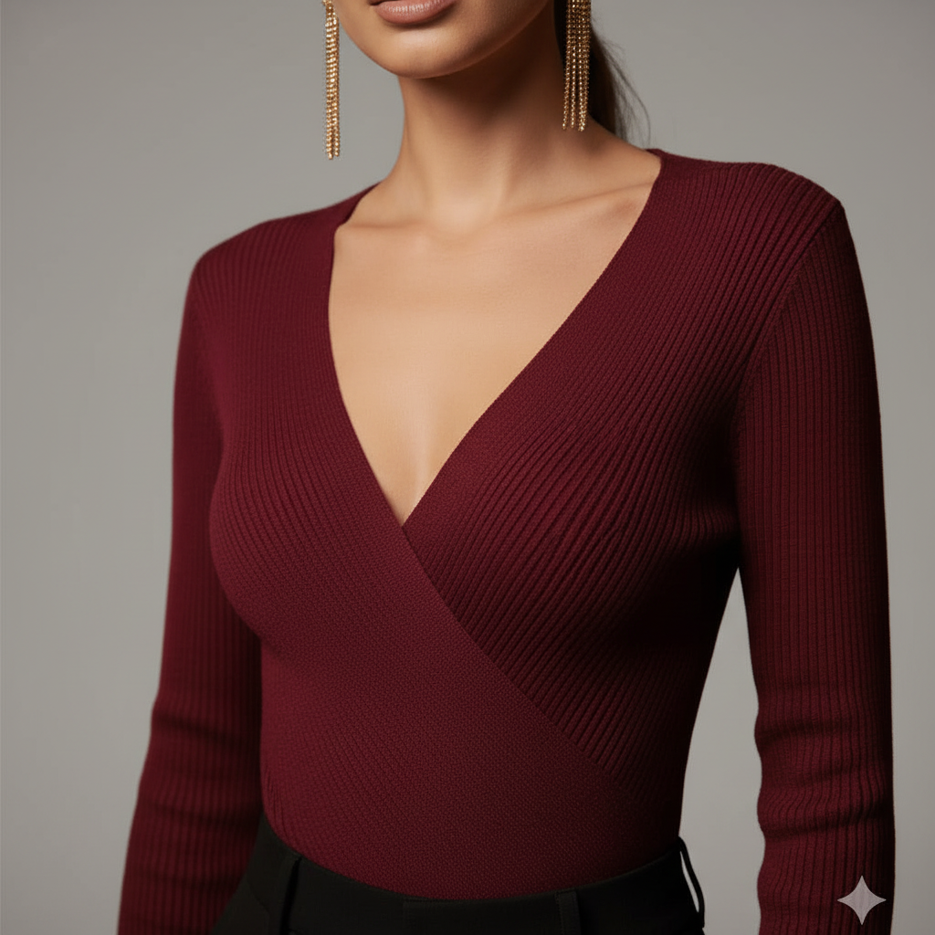 Detalle del escote en V y diseño wrap cruzado del top de punto