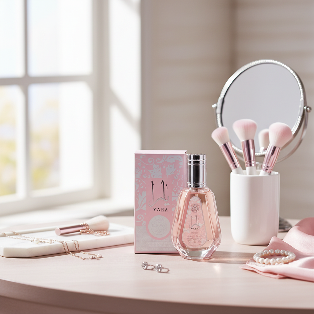 YARA en tocador con accesorios de belleza
