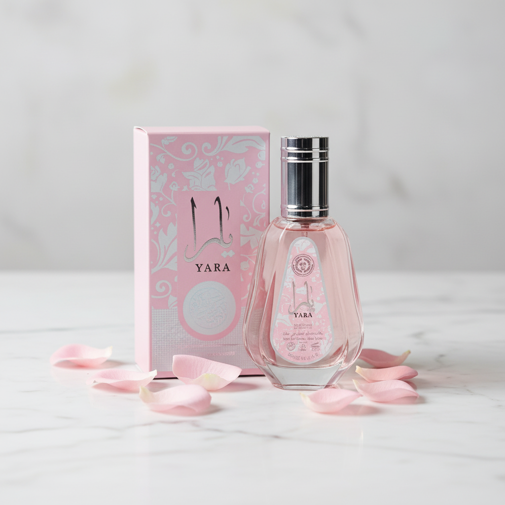 Perfume YARA sobre mármol blanco con pétalos de rosa