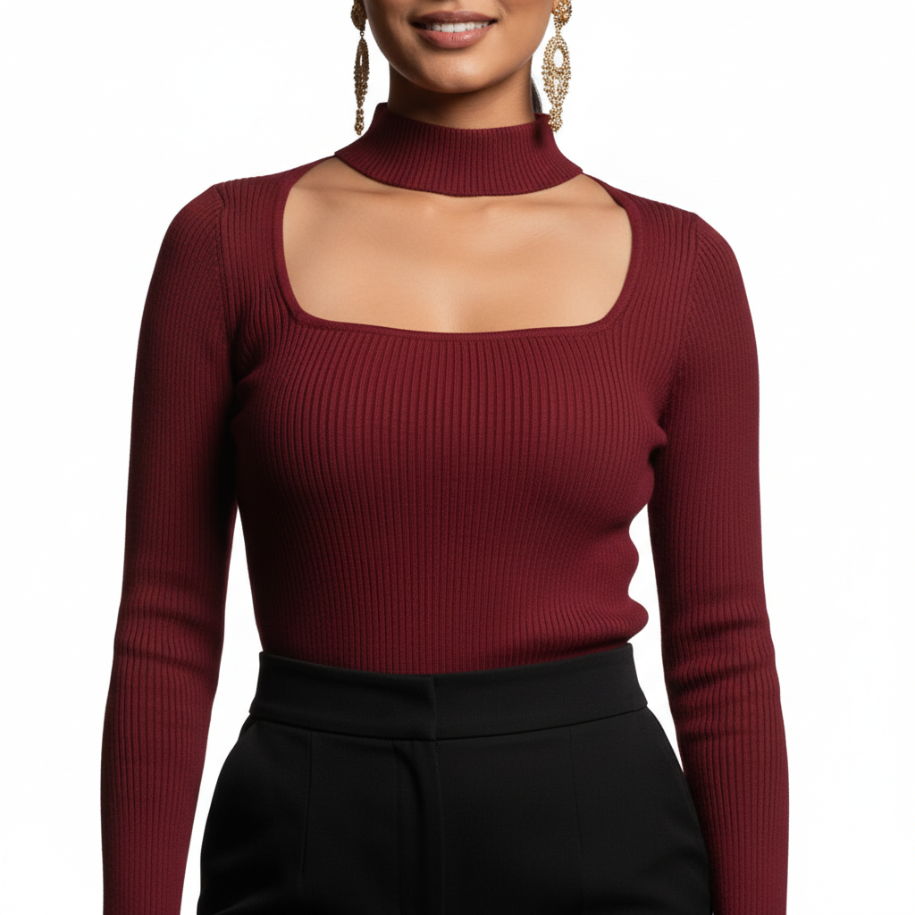 Jersey de punto acanalado con cuello tipo choker y escote cuadrado para mujer - moderno y elegante