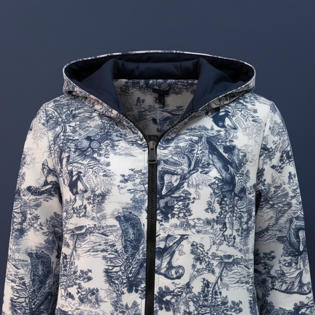 Detalle del estampado paisley azul y blanco de la chaqueta con capucha