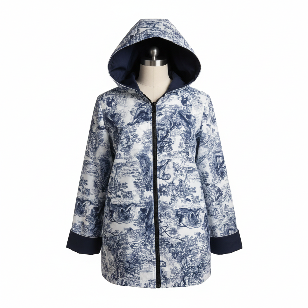 Chaqueta mujer con capucha estampado paisley azul y blanco - vista principal