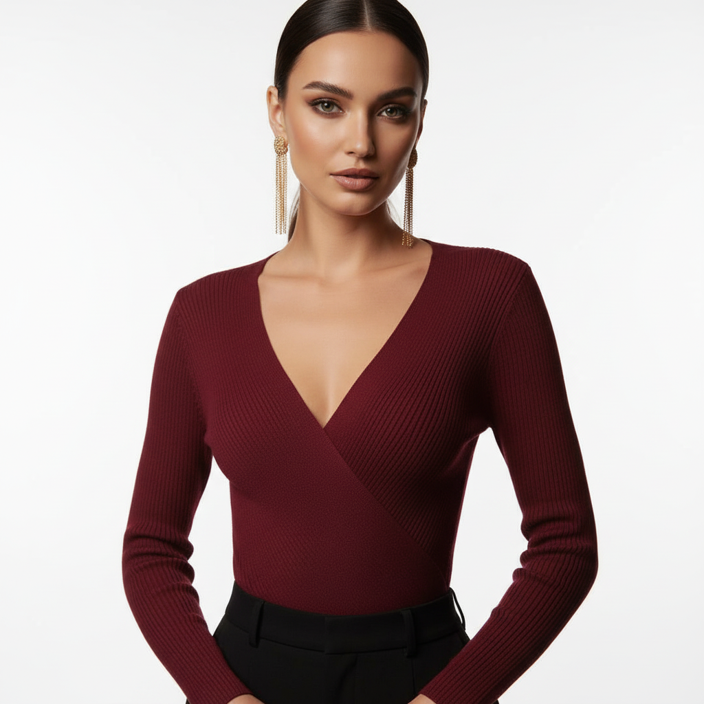 Top de punto cruzado wrap con escote en V para mujer - sensual y elegante