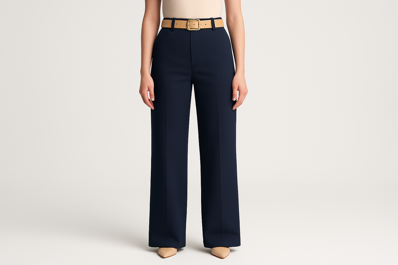 Pantalón azul con cinturón beige frontal