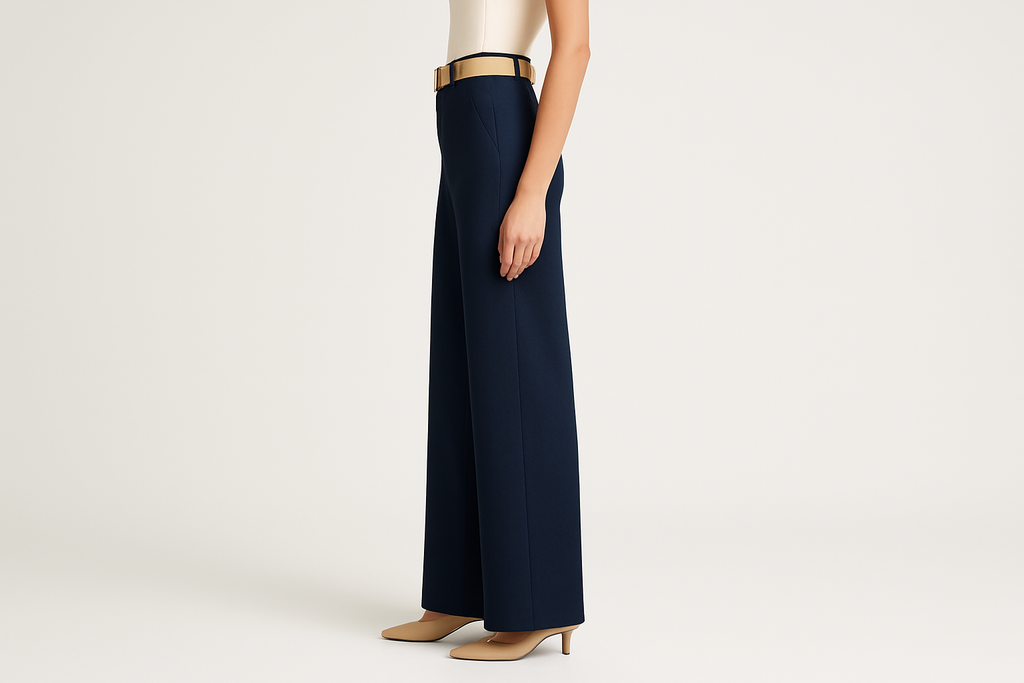 Pantalón azul con cinturón beige lateral