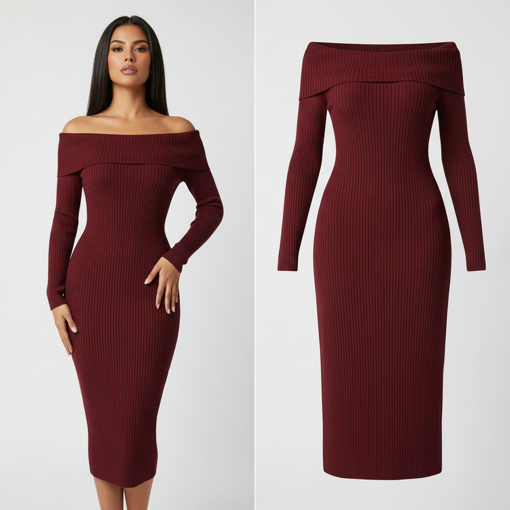 Vestido Punto Acanalado Burdeos